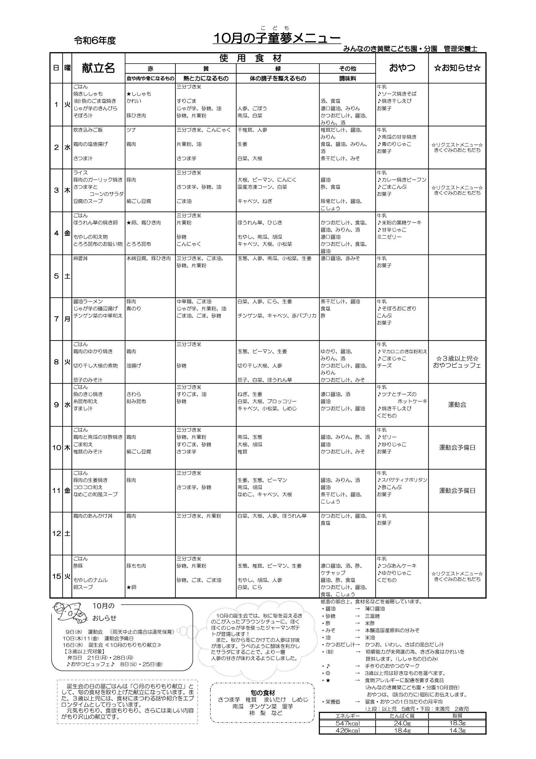 ★10月献立　黄檗版